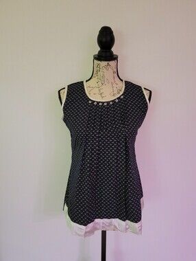 Vintage Navy Sleeveless Camisole with White Hem And White Cherry Print